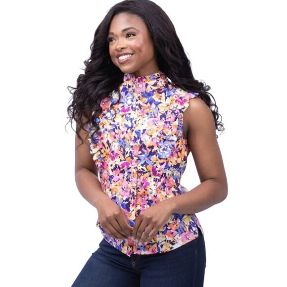 Tyler Boe Julia Woven Mandarin Collar Sleeveless Scallop Ruffle Blouse SIZE S - Picture 1 of 5